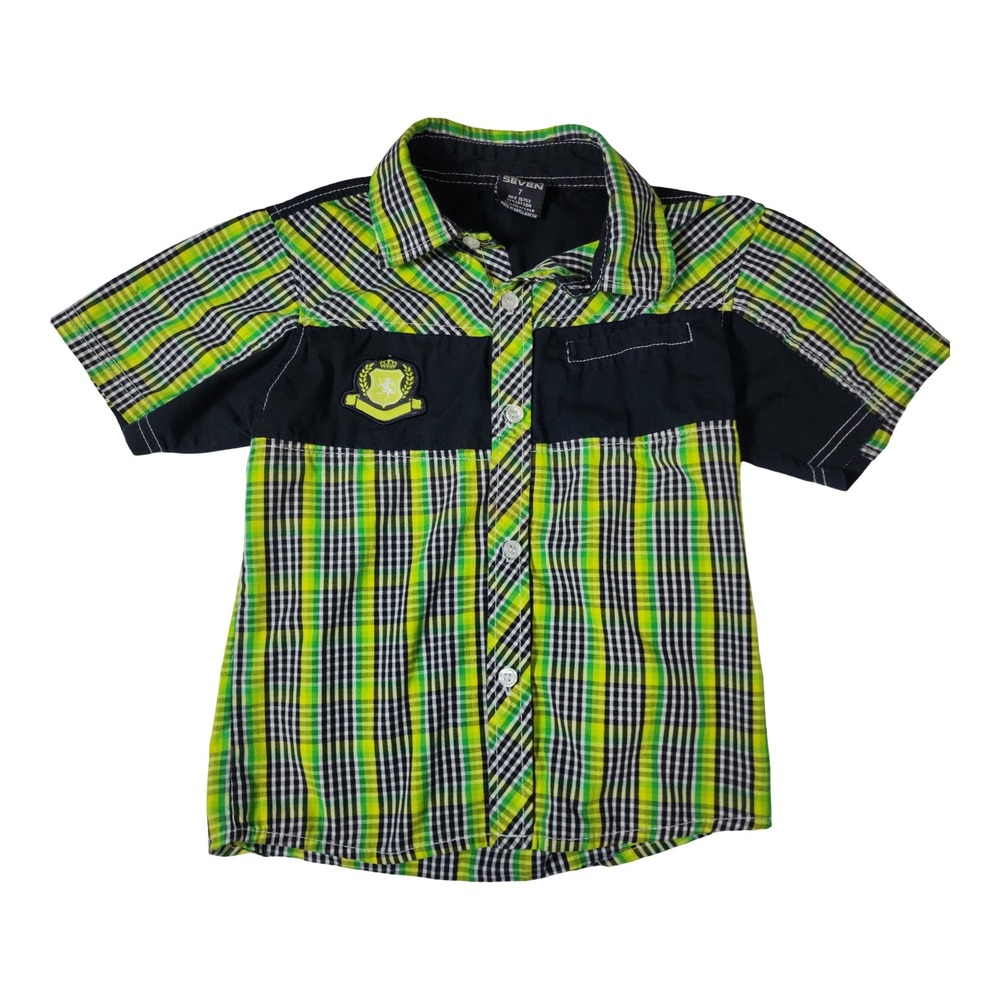 Quad Seven Boys Neon Green Black Plaid Short Sleeve Button Down Shirt Size 7